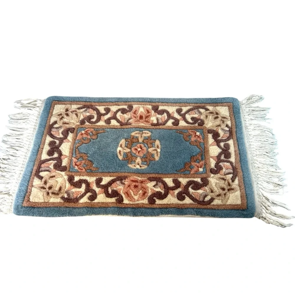 vtg Chinese Abbuson hand tufted high grade wool area rug blue peach 38 x 17